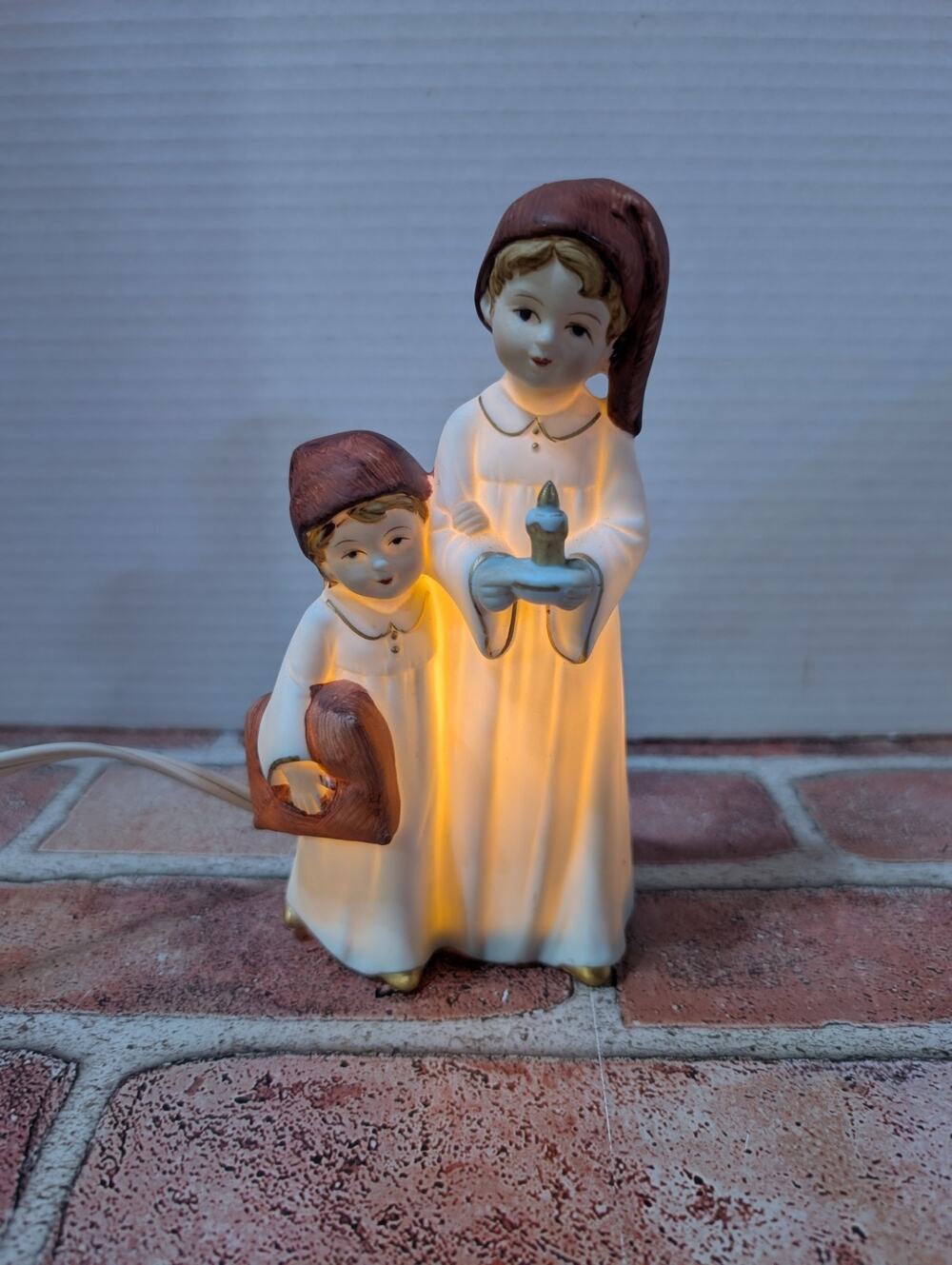 Vintage Porcelain Lighted Figurine Two Children in Nightgowns with Candle Japan
